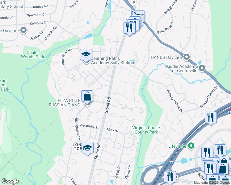 map of restaurants, bars, coffee shops, grocery stores, and more near 5829 Stone Ridge Drive in Centreville