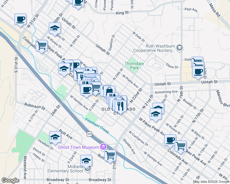 map of restaurants, bars, coffee shops, grocery stores, and more near 2311 West Kiowa Street in Colorado Springs