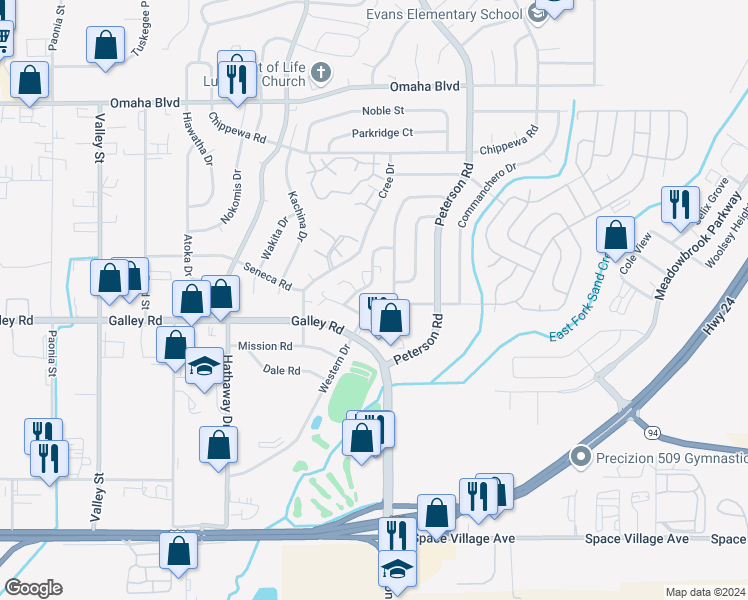 map of restaurants, bars, coffee shops, grocery stores, and more near 1040 Western Drive in Colorado Springs