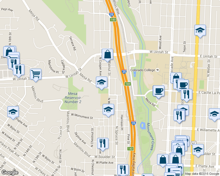 map of restaurants, bars, coffee shops, grocery stores, and more near 921 North Walnut Street in Colorado Springs