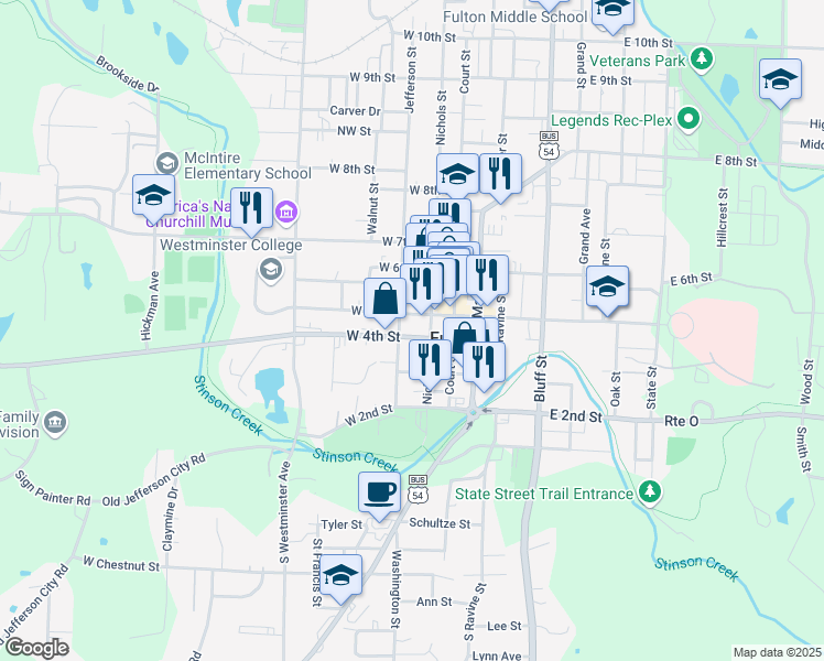 map of restaurants, bars, coffee shops, grocery stores, and more near 118 West 5th Street in Fulton