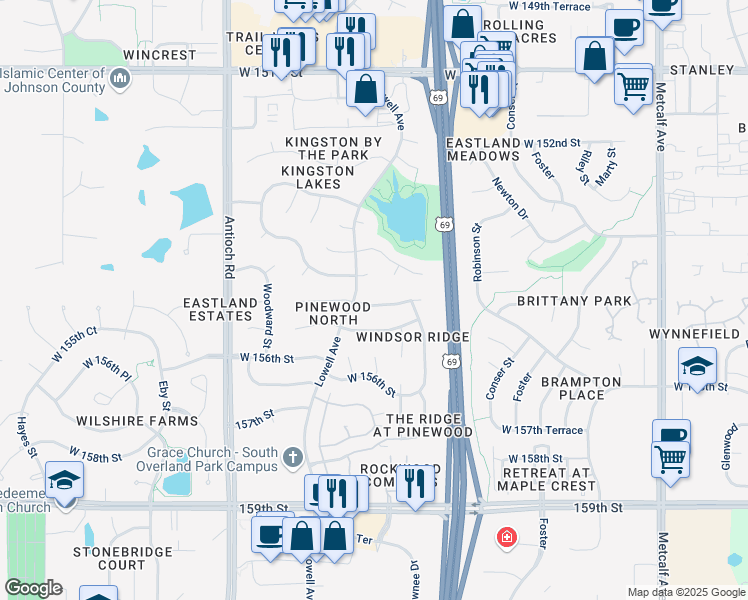 map of restaurants, bars, coffee shops, grocery stores, and more near 7874 West 155th Terrace in Overland Park