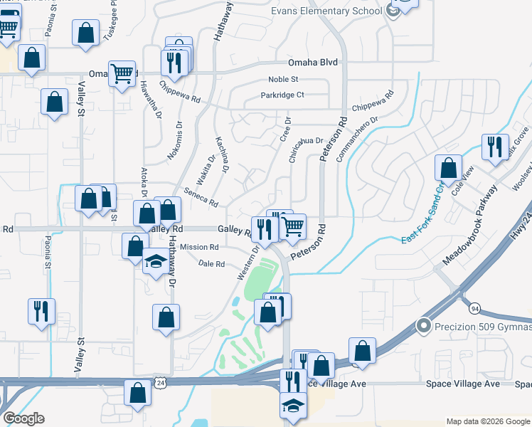 map of restaurants, bars, coffee shops, grocery stores, and more near 6850 Western Place in Colorado Springs