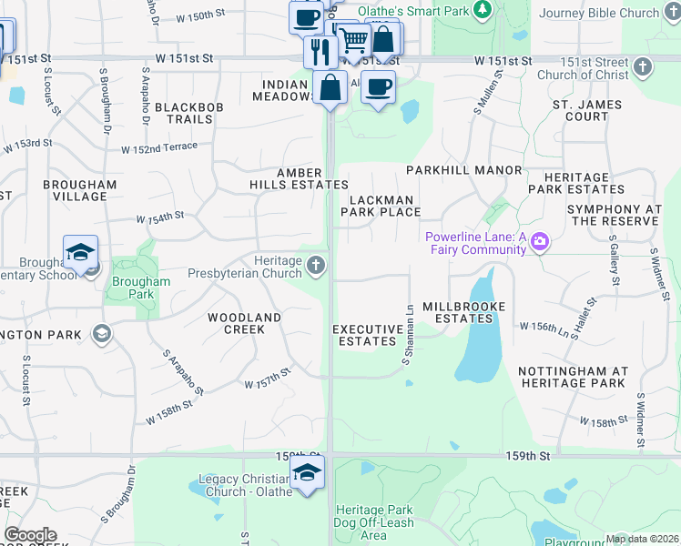 map of restaurants, bars, coffee shops, grocery stores, and more near 15058 West 155th Terrace in Olathe