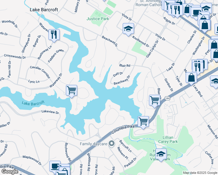 map of restaurants, bars, coffee shops, grocery stores, and more near 3533 Duff Drive in Falls Church