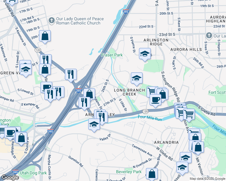 map of restaurants, bars, coffee shops, grocery stores, and more near 2624 South Uhle Street in Arlington