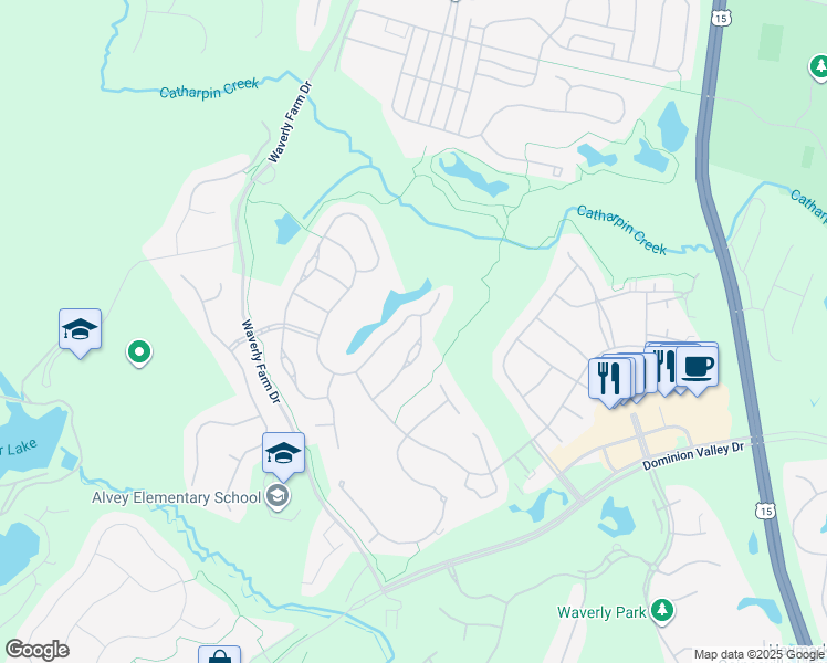 map of restaurants, bars, coffee shops, grocery stores, and more near 5104 Faldo Drive in Haymarket