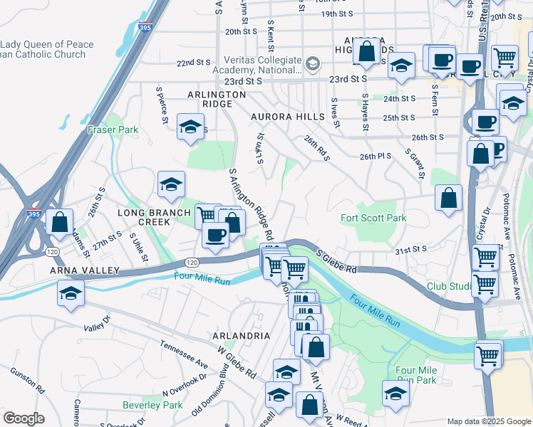 map of restaurants, bars, coffee shops, grocery stores, and more near 2729 South Arlington Ridge Road in Arlington