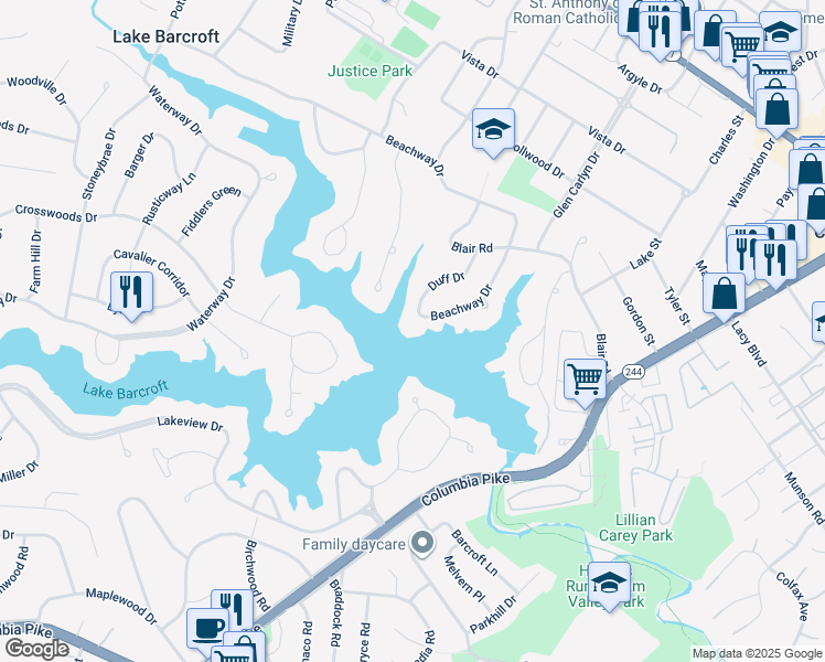 map of restaurants, bars, coffee shops, grocery stores, and more near 3533 Duff Drive in Falls Church