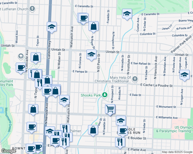 map of restaurants, bars, coffee shops, grocery stores, and more near 920 North El Paso Street in Colorado Springs