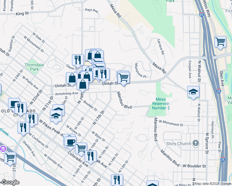 map of restaurants, bars, coffee shops, grocery stores, and more near 1635 Manitou Boulevard in Colorado Springs