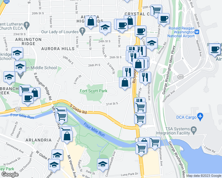 map of restaurants, bars, coffee shops, grocery stores, and more near 626 29th Street South in Arlington