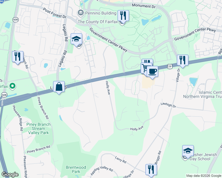 map of restaurants, bars, coffee shops, grocery stores, and more near 4621 Holly Avenue in Fairfax
