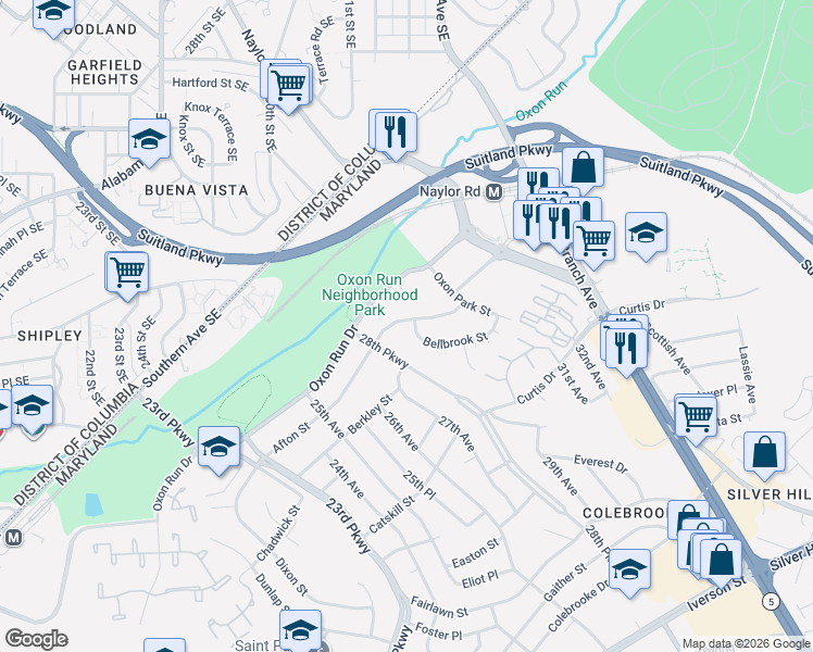 map of restaurants, bars, coffee shops, grocery stores, and more near 2617 Afton Street in Temple Hills