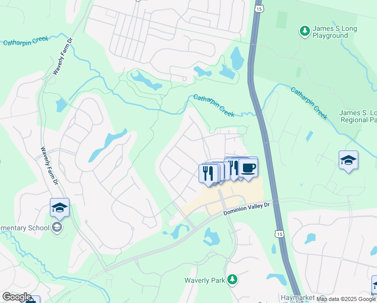 map of restaurants, bars, coffee shops, grocery stores, and more near 15226 Brier Creek Drive in Haymarket