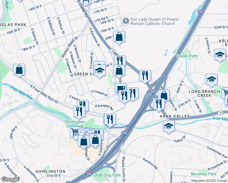 map of restaurants, bars, coffee shops, grocery stores, and more near 2500 South Kenwood Street in Arlington