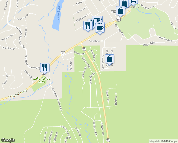 map of restaurants, bars, coffee shops, grocery stores, and more near 2238 Blitzen Road in South Lake Tahoe