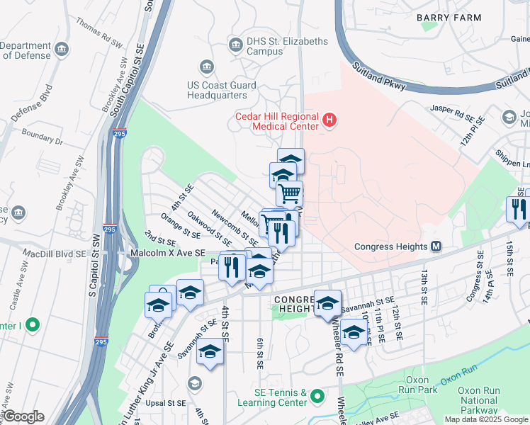 map of restaurants, bars, coffee shops, grocery stores, and more near 533 Lebaum Street Southeast in Washington