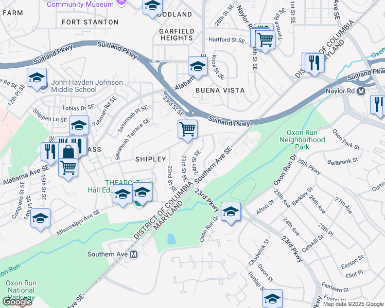 map of restaurants, bars, coffee shops, grocery stores, and more near 3433 24th Street Southeast in Washington