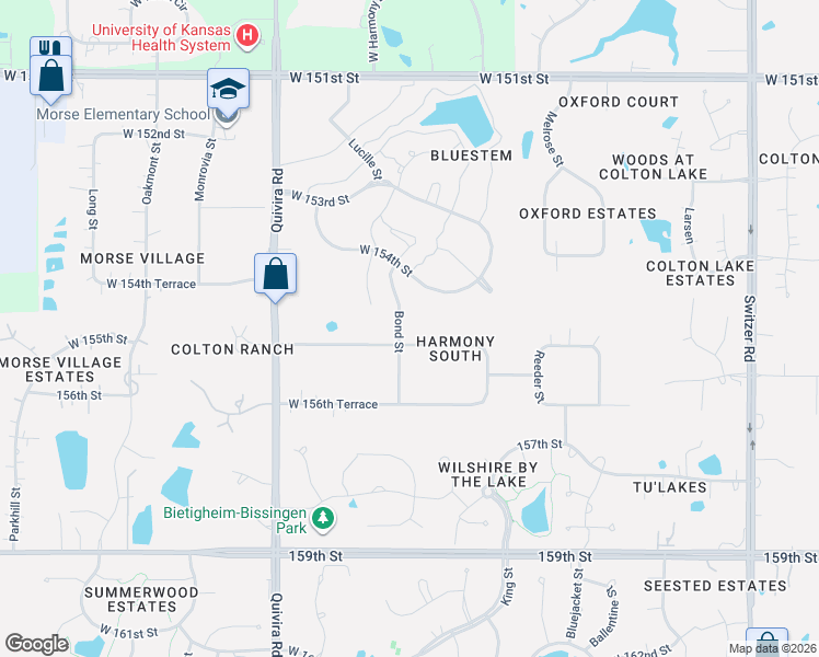 map of restaurants, bars, coffee shops, grocery stores, and more near 11460 West 155th Terrace in Overland Park