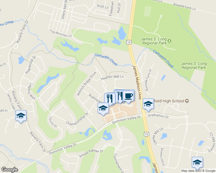 map of restaurants, bars, coffee shops, grocery stores, and more near 5125 Curran Creek Drive in Haymarket