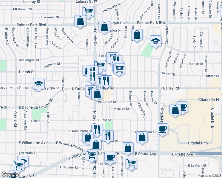 map of restaurants, bars, coffee shops, grocery stores, and more near 3005 Galley Road in Colorado Springs