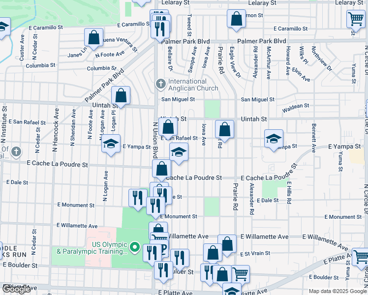 map of restaurants, bars, coffee shops, grocery stores, and more near 1012 Swope Avenue in Colorado Springs