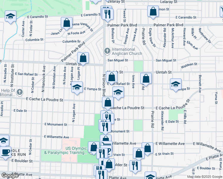 map of restaurants, bars, coffee shops, grocery stores, and more near 1020 Bonfoy Avenue in Colorado Springs