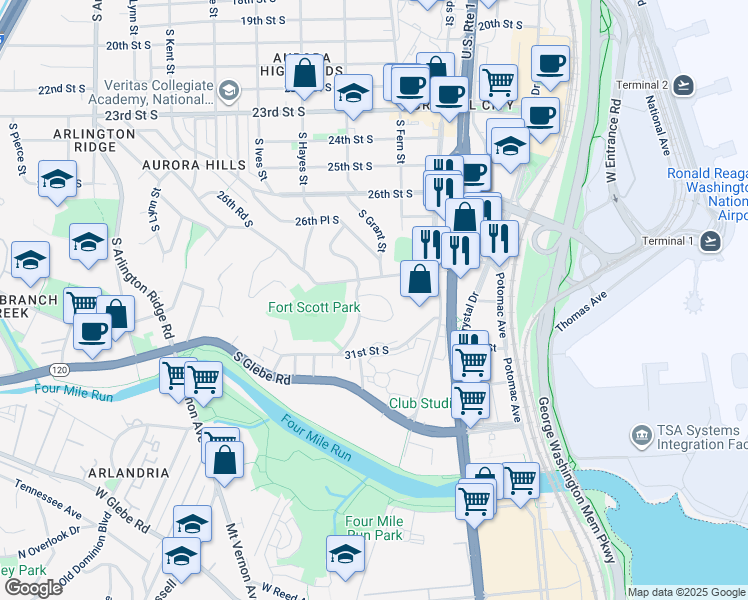 map of restaurants, bars, coffee shops, grocery stores, and more near 626 29th Street South in Arlington