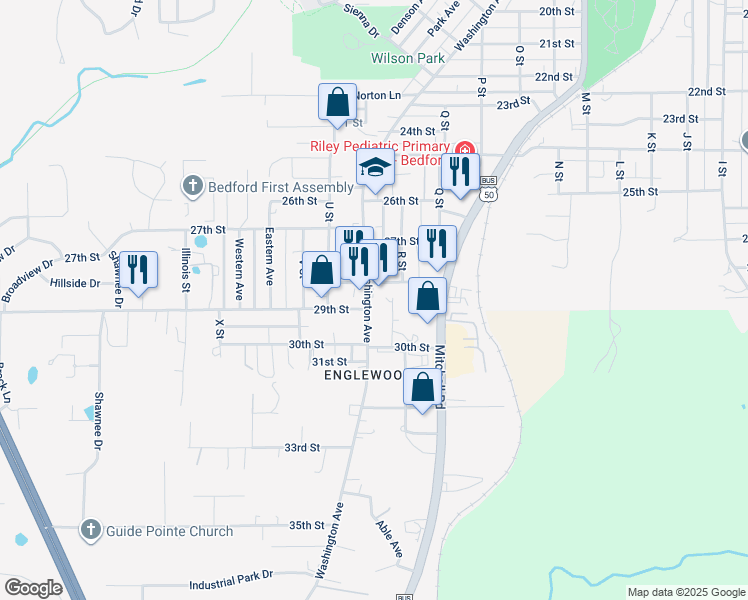 map of restaurants, bars, coffee shops, grocery stores, and more near 2826 Washington Avenue in Bedford