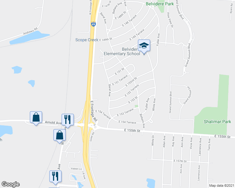 map of restaurants, bars, coffee shops, grocery stores, and more near 6005 East 152nd Street in Grandview