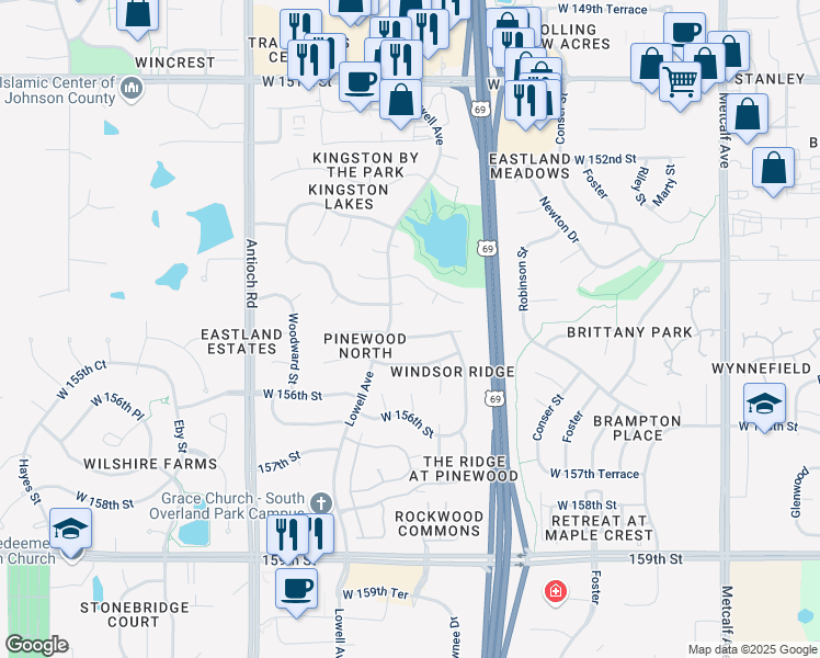 map of restaurants, bars, coffee shops, grocery stores, and more near 7874 West 155th Terrace in Overland Park