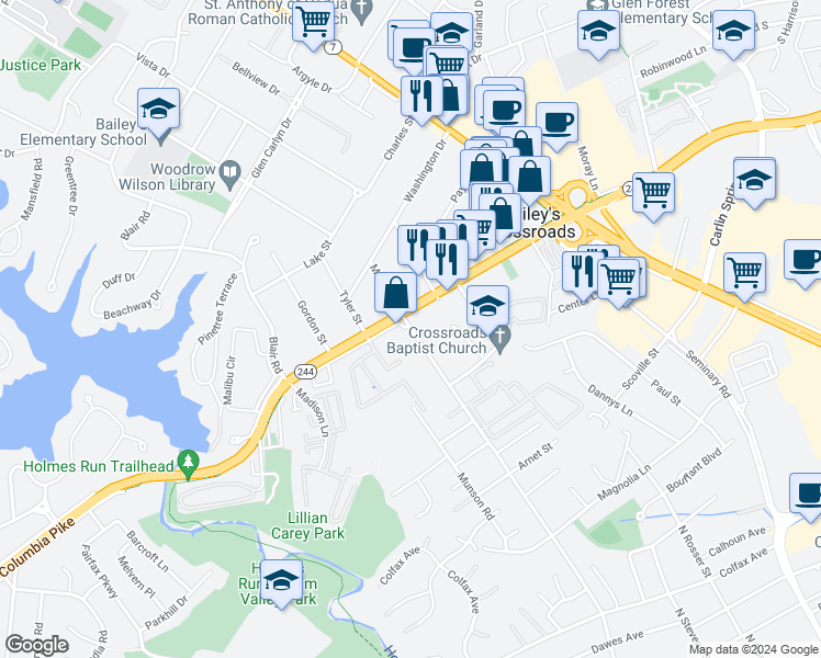 map of restaurants, bars, coffee shops, grocery stores, and more near 3520 Lacy Boulevard in Bailey's Crossroads