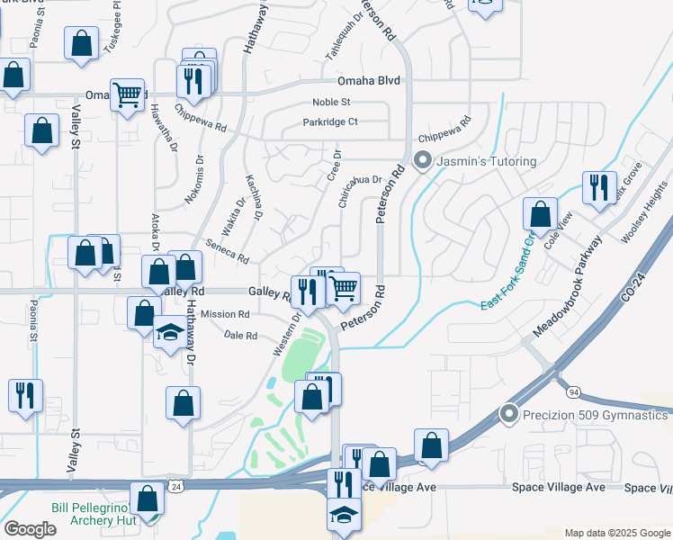 map of restaurants, bars, coffee shops, grocery stores, and more near 1052 Chiricahua Drive in Colorado Springs