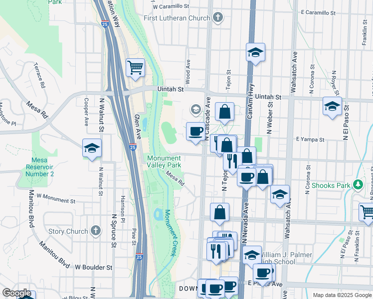 map of restaurants, bars, coffee shops, grocery stores, and more near 30 West Cache La Poudre Street in Colorado Springs