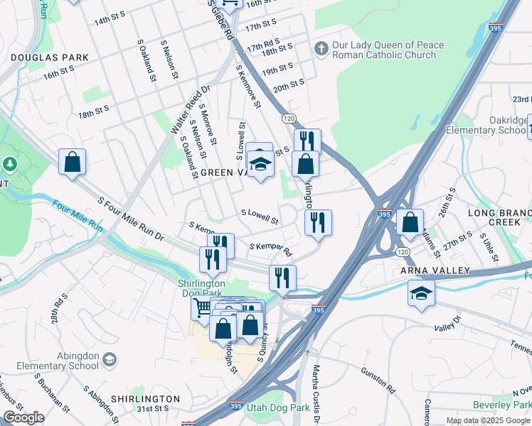 map of restaurants, bars, coffee shops, grocery stores, and more near 2453 South Lowell Street in Arlington