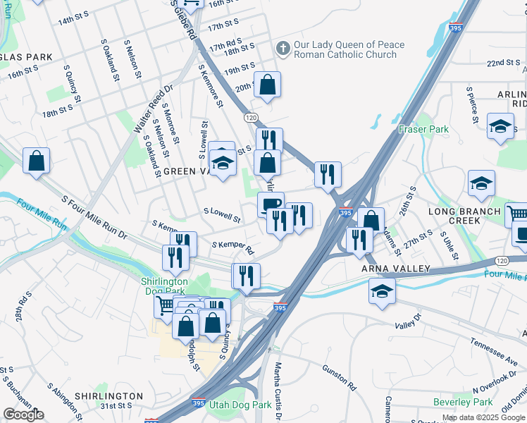 map of restaurants, bars, coffee shops, grocery stores, and more near 3408 25th Street South in Arlington