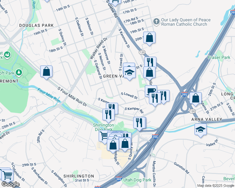 map of restaurants, bars, coffee shops, grocery stores, and more near 2448 South Monroe Street in Arlington