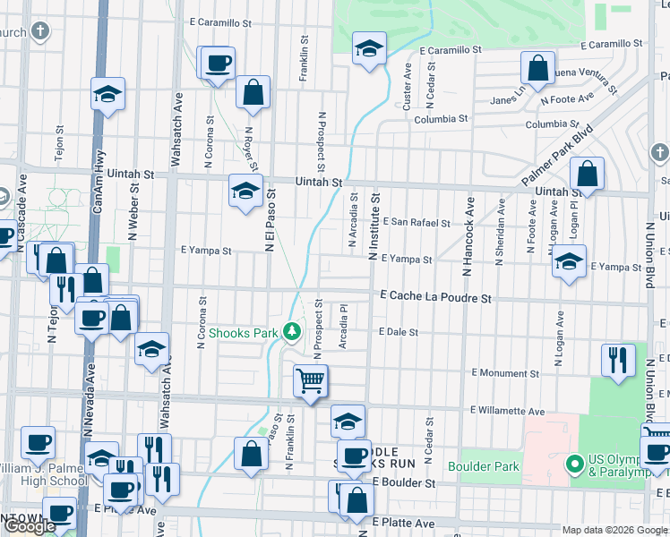 map of restaurants, bars, coffee shops, grocery stores, and more near 815 East Yampa Street in Colorado Springs