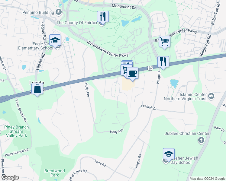 map of restaurants, bars, coffee shops, grocery stores, and more near 11815 Robertson Farm Circle in Fairfax