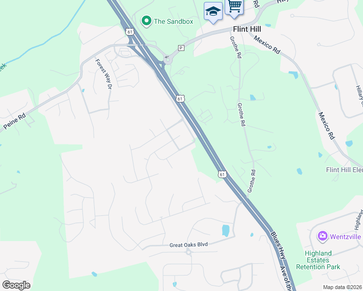 map of restaurants, bars, coffee shops, grocery stores, and more near 436 Jockeys Run in Wentzville
