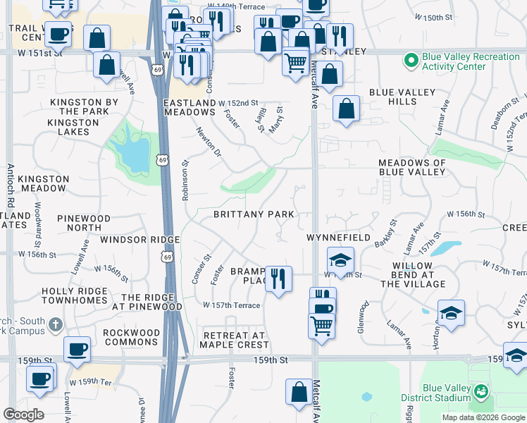 map of restaurants, bars, coffee shops, grocery stores, and more near 15473 Foster in Overland Park