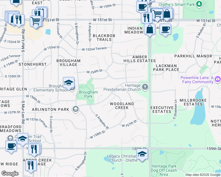 map of restaurants, bars, coffee shops, grocery stores, and more near 15593 South Blackfoot Street in Olathe