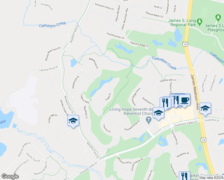 map of restaurants, bars, coffee shops, grocery stores, and more near 5101 Faldo Drive in Haymarket