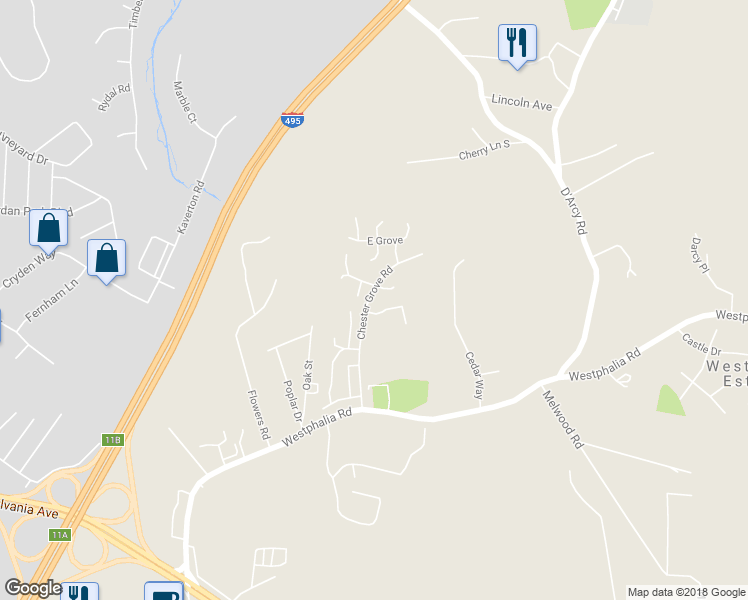 map of restaurants, bars, coffee shops, grocery stores, and more near 3056 Chester Grove Road in Upper Marlboro