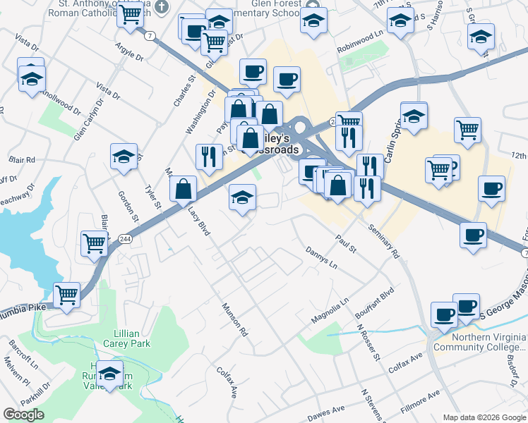 map of restaurants, bars, coffee shops, grocery stores, and more near 3500 Ellery Circle in Falls Church