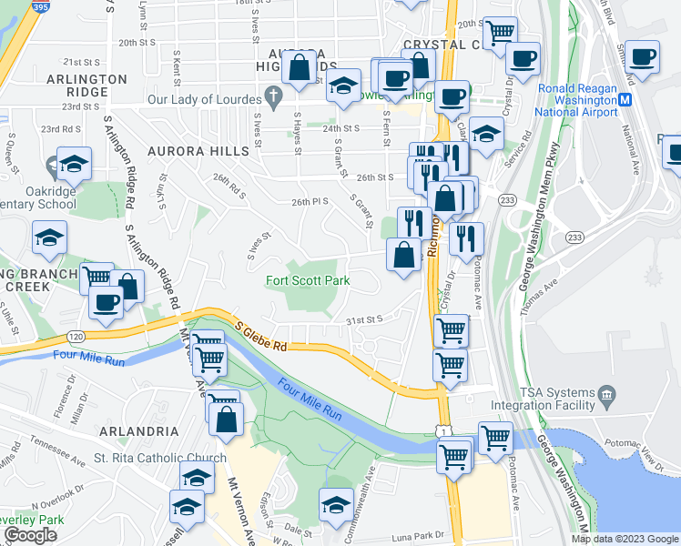 map of restaurants, bars, coffee shops, grocery stores, and more near 2900 South Grant Street in Arlington