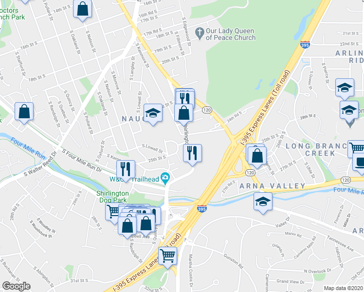 map of restaurants, bars, coffee shops, grocery stores, and more near 3408 25th Street South in Arlington
