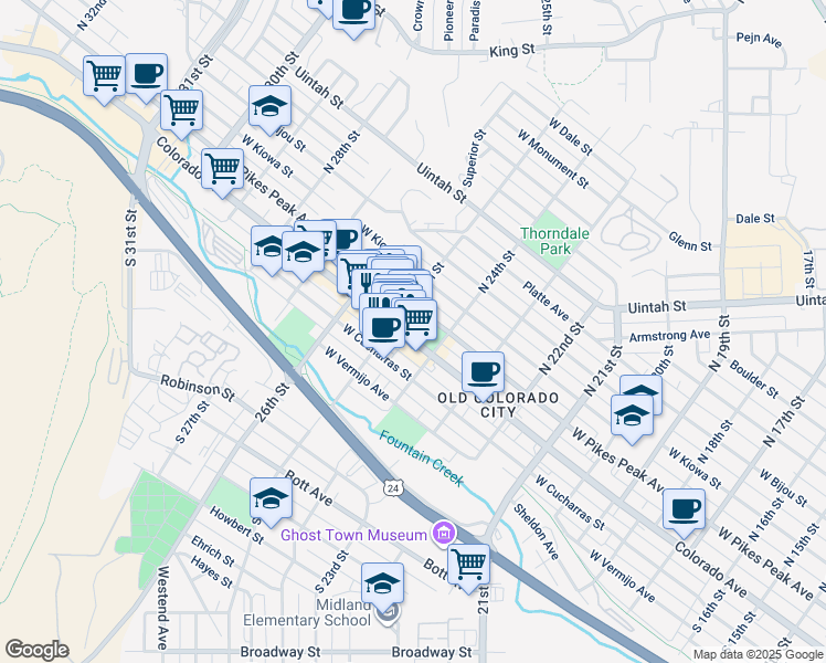 map of restaurants, bars, coffee shops, grocery stores, and more near 2418 West Colorado Avenue in Colorado Springs