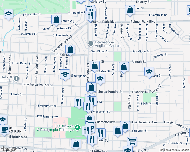 map of restaurants, bars, coffee shops, grocery stores, and more near 1020 Bonfoy Avenue in Colorado Springs